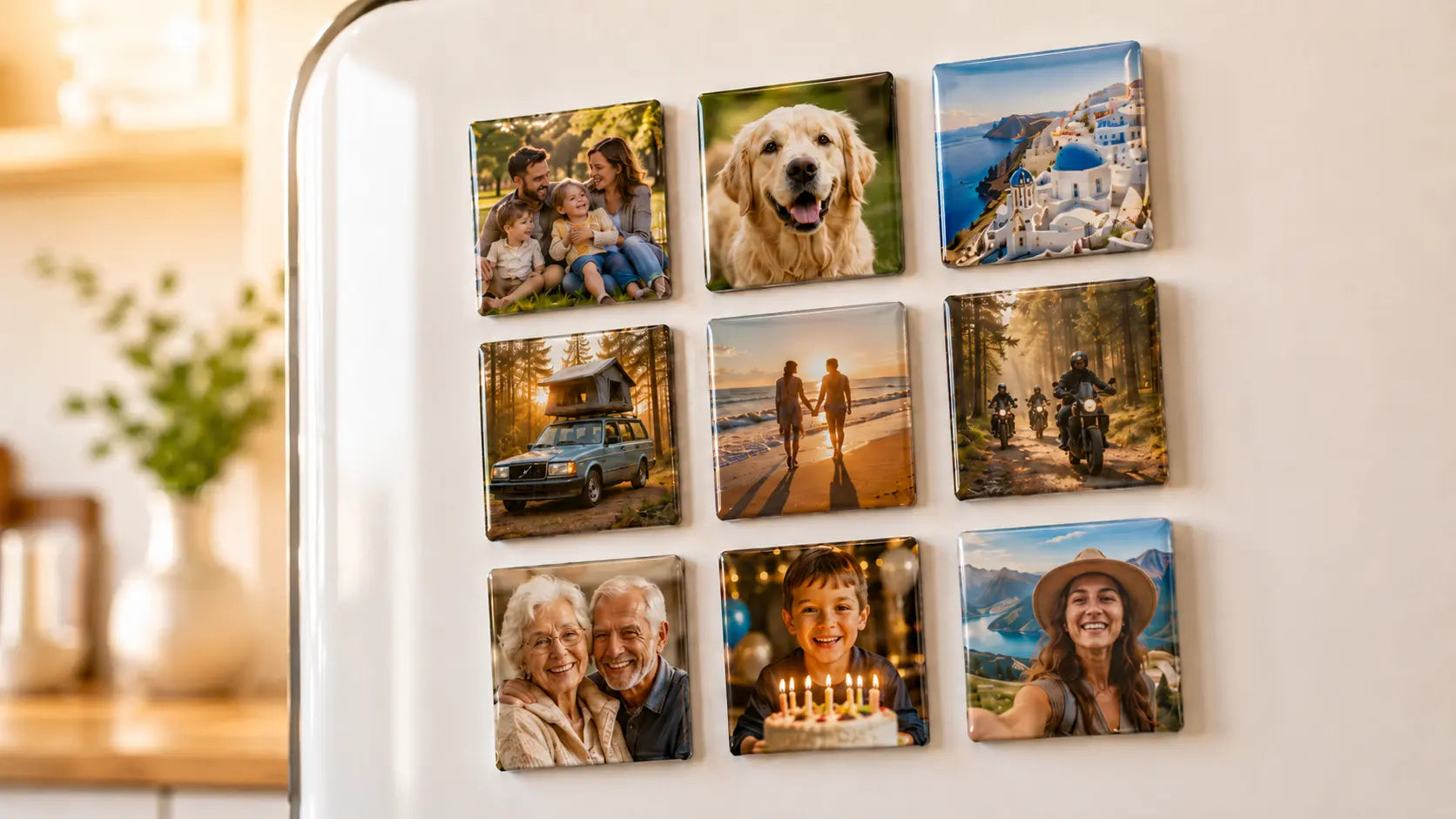 A coordinated set of nine personalised square photo magnets displayed together.