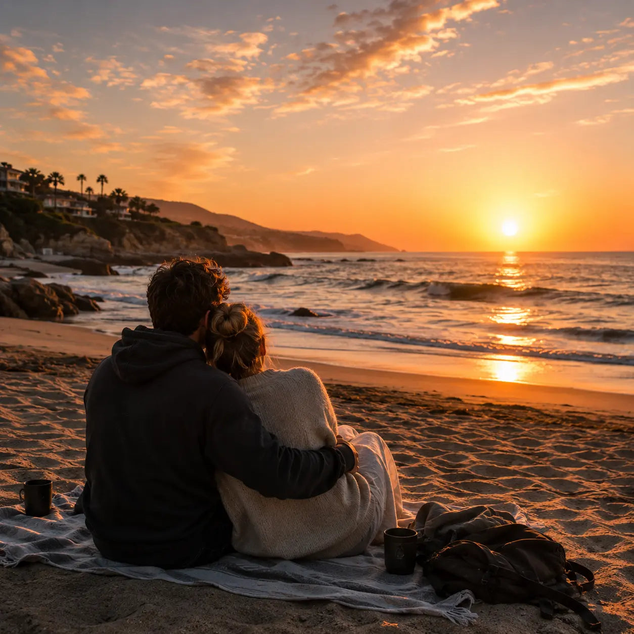 Couple sitting together on a beach blanket and watching the sunset over the sea.
